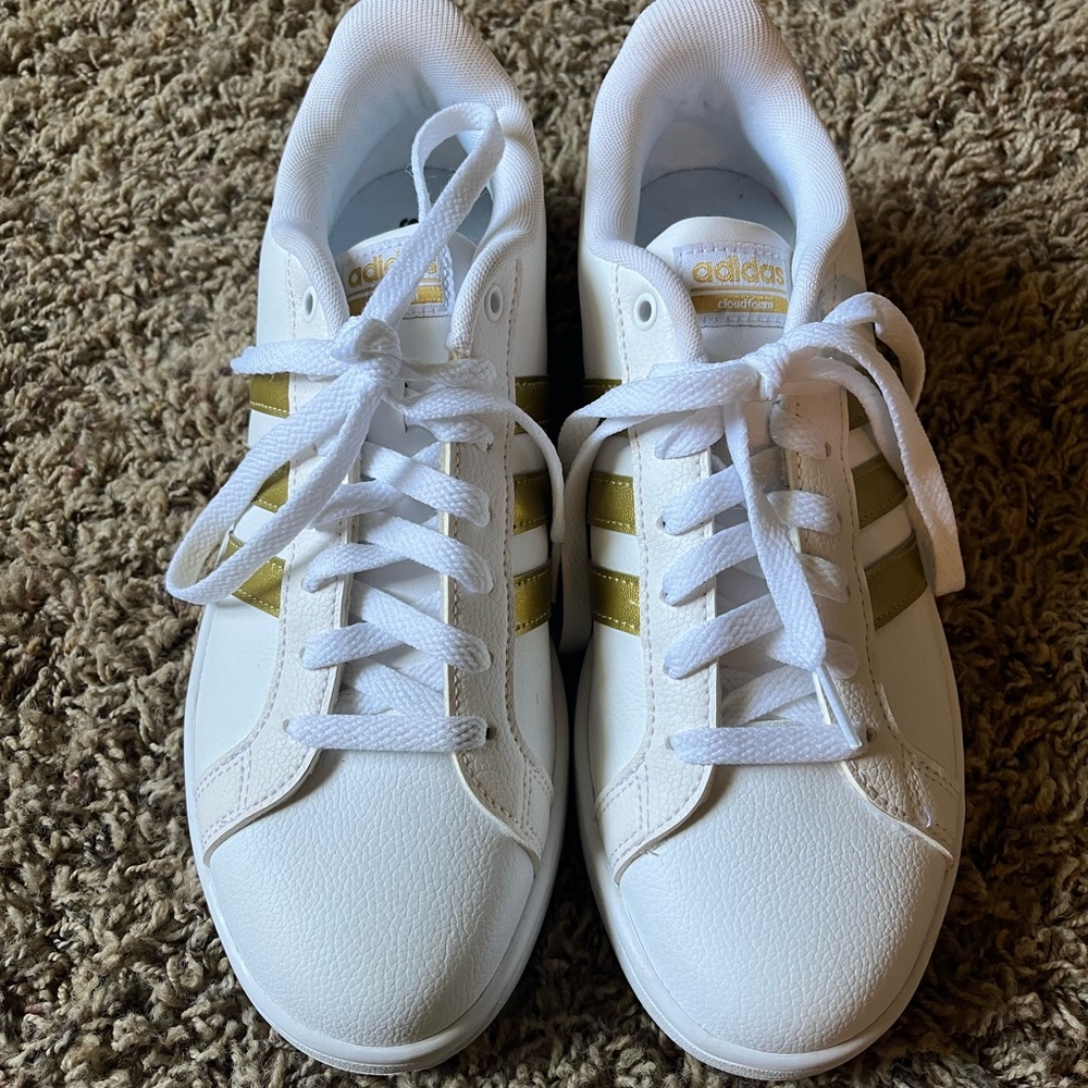 Adidas White Sneakers with Gold Details